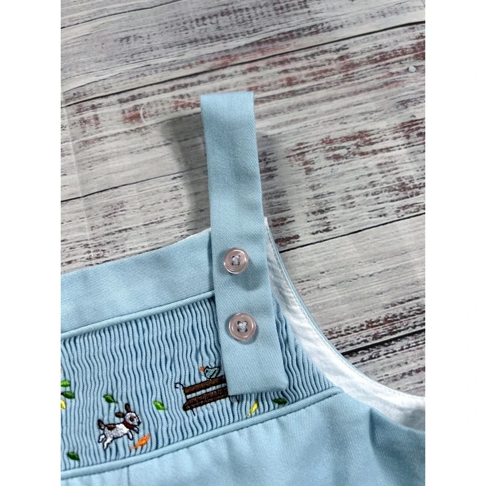 Talbots Kids Vintage Overalls Kids Light Blue Smocked Embroidered Dog Tree 12M